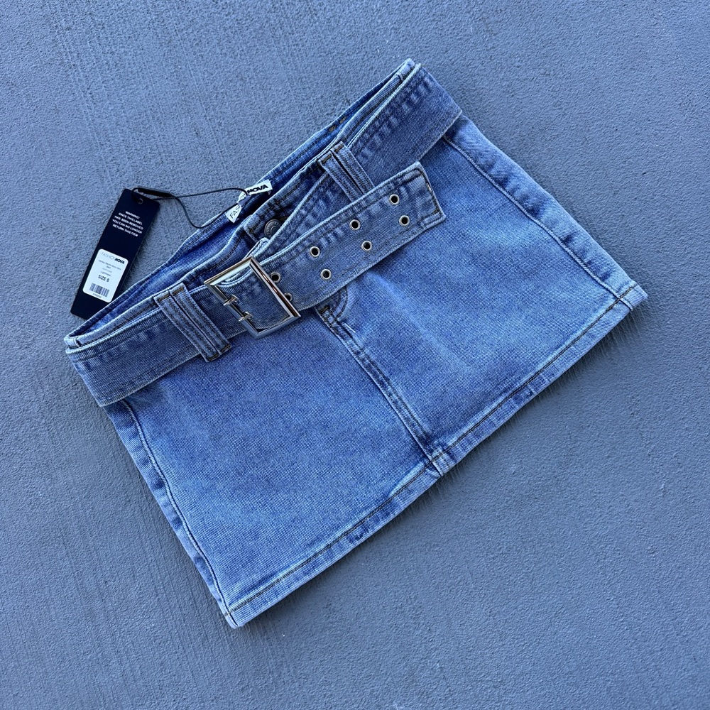 Fashion Nova Light Blue Denim Skirt with Silver Buckle